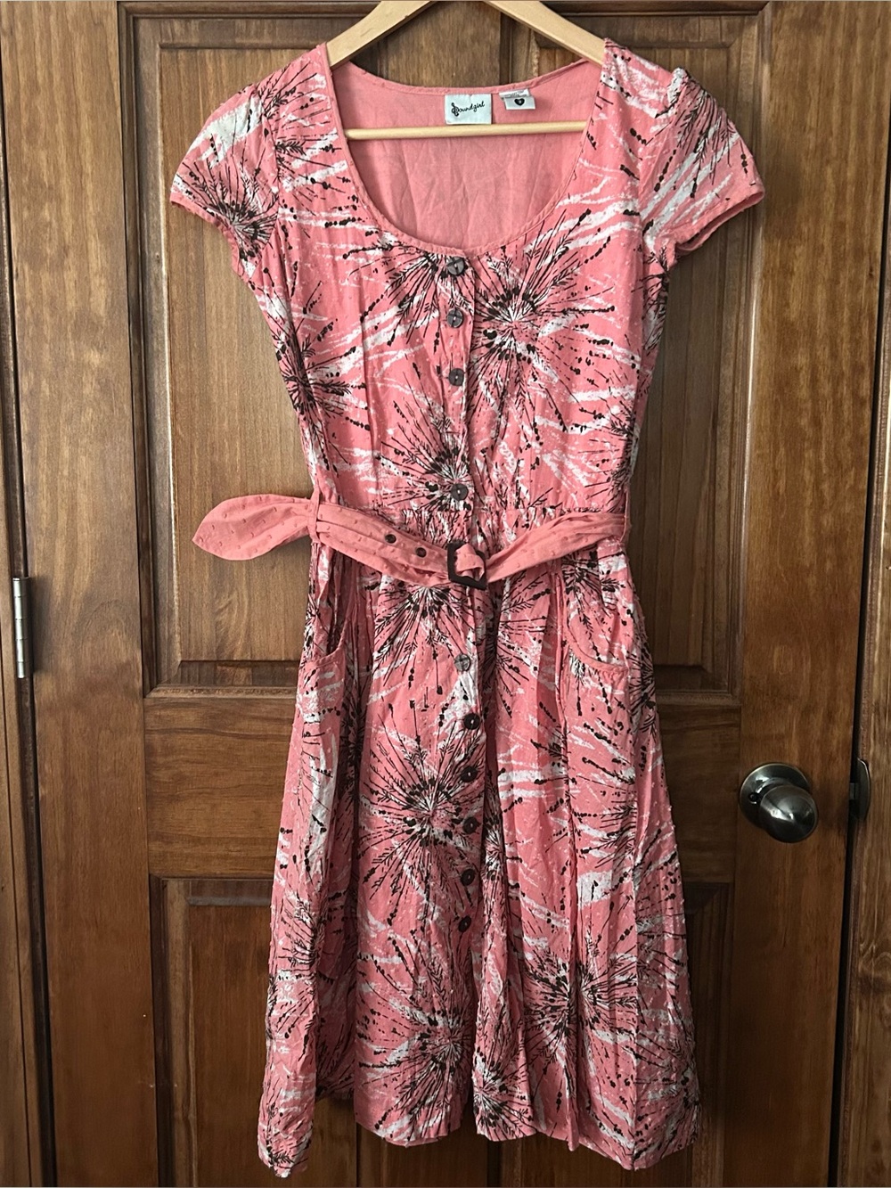 Pink Dandelion Print Midi Dress Small Vintage Floral Button Up Coquette Cottage